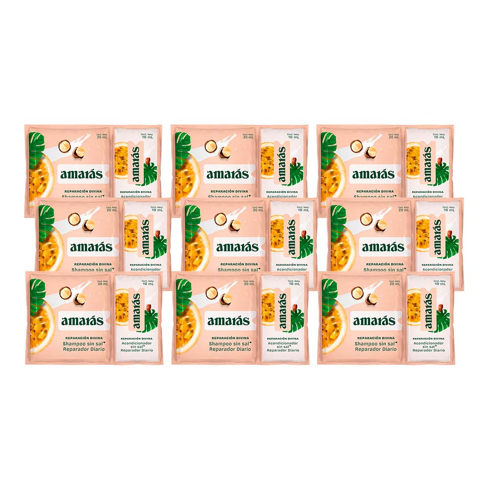 AMARÁS sin Sal Reparación Divina: Shampoo Sachet 20ml + Acondicionador Sachet 30ml Paquete 12 Sachets 20ml + 30ml c/u