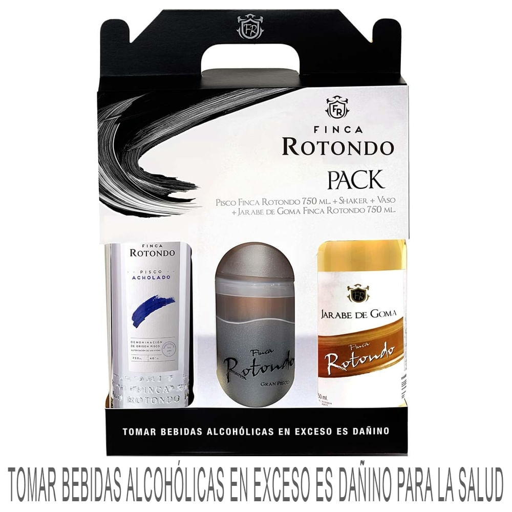 Pack Pisco FINCA ROTONDO Pisco Quebranta Botella 750ml + Jarabe de Goma + Vaso + Shaker