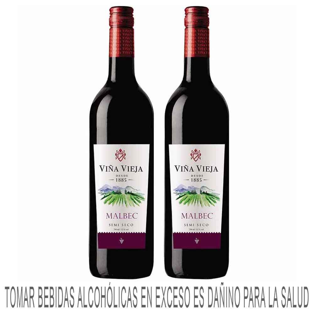 Vino Tinto VIÑA VIEJA Malbec Semi Seco Botella 750ml Paquete 2un
