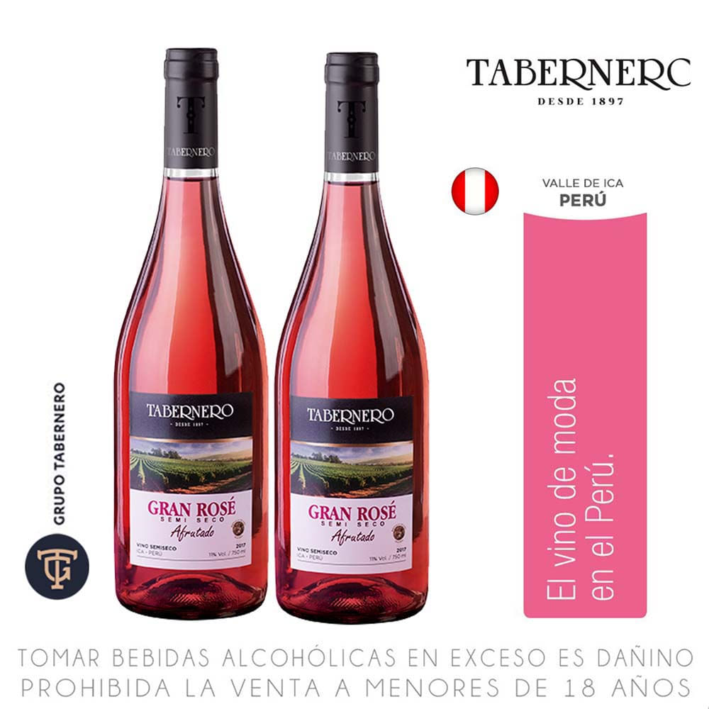 Pack Vino Rosé TABERNERO Gran Rosé Semi Seco Botella 750ml Pack 2un