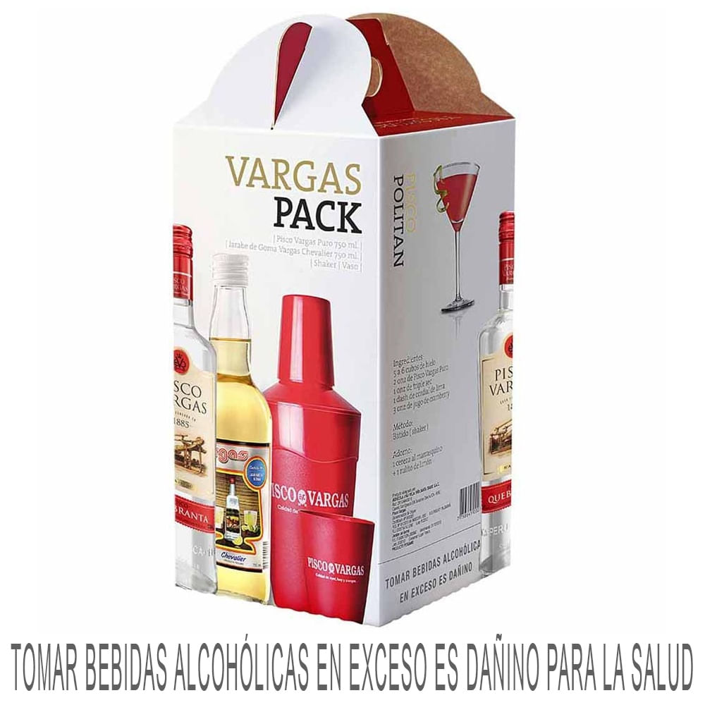 Pack Pisco VARGAS Pisco Quebranta Botella 750ml + Jarabe de Goma + Vaso + Shaker