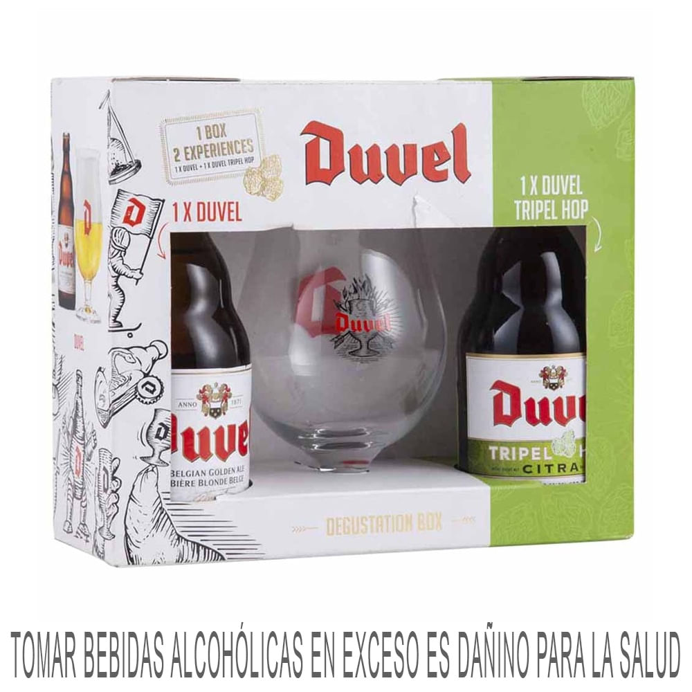 Pack DUVEL Cerveza Golden Ale Botella 330 ml + Cerveza Tripel Hop Botella 330ml + Copa
