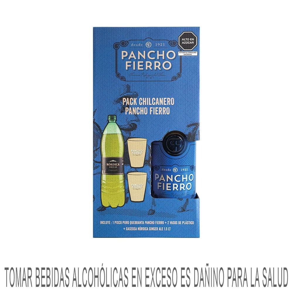 Pack Chilcanero PANCHO FIERRO Pisco Puro Quebranta + 2 Vasos de Plástico + Gaseosa Nórdica Ginger Ale Paquete 4un