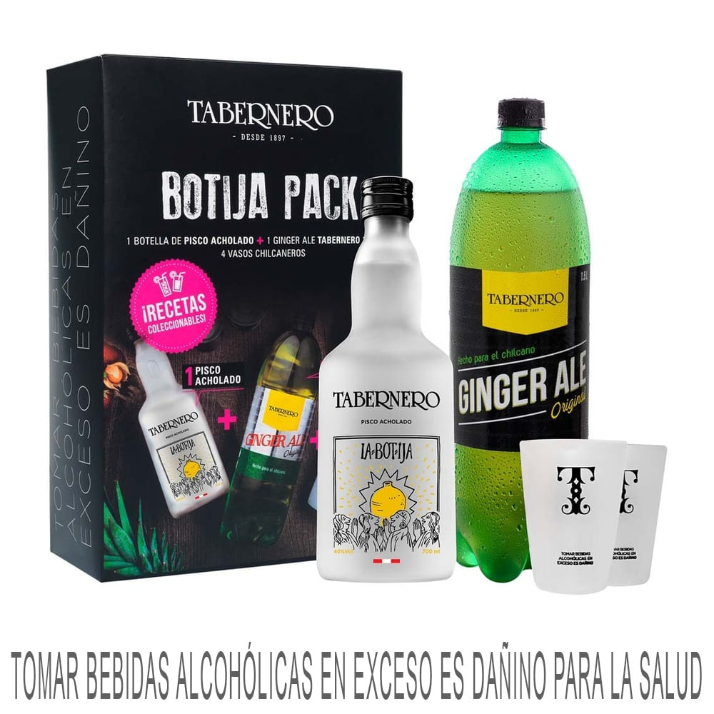 Pack Pisco LA BOTIJA Tabernero acholado Botella 700ml + Ginger Ale TABERNERO Botella 1.5L + 2 Vasos Chilcaneros