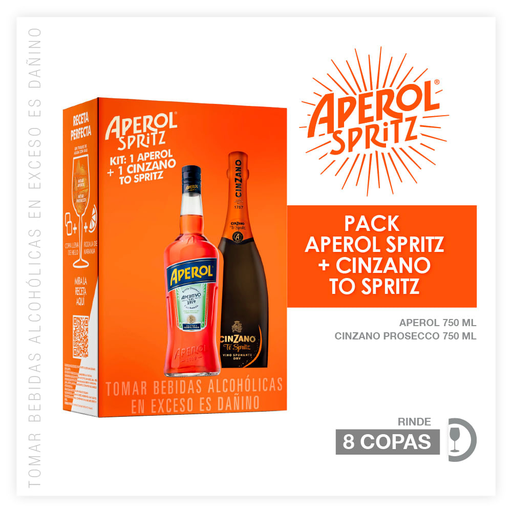 Pack Licor APEROL Botella 750ml + Espumante CINZANO To-Spritz Botella 750ml