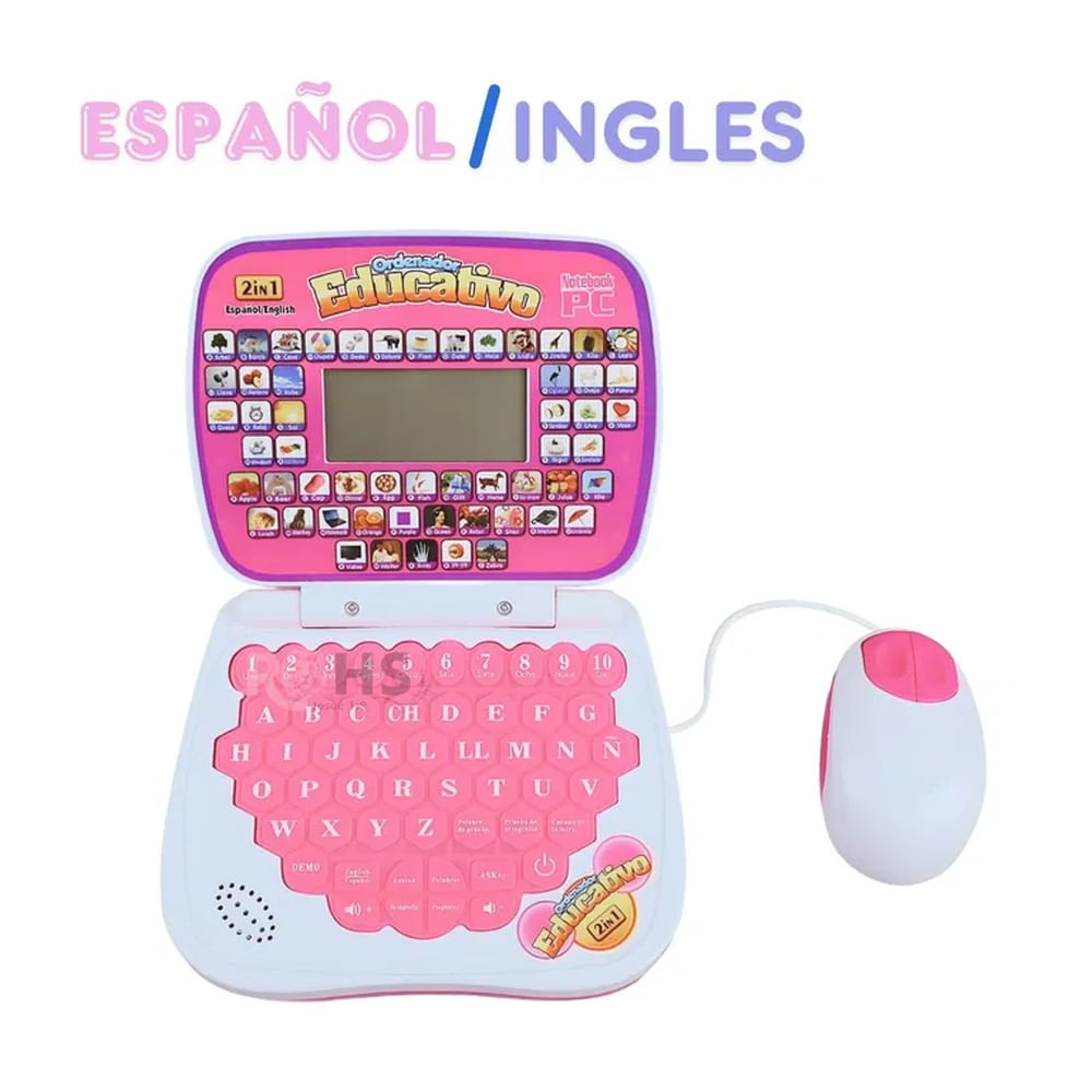 Mini Laptop Educativa bilingüe Para Niños ESPAÑOL - INGLES Rosado