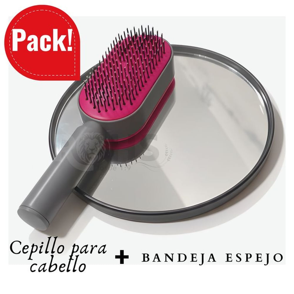 Cepillo Mejorado Para Cabello + Bandeja Espejo Circular para Joyas Multifuncional Fucsia
