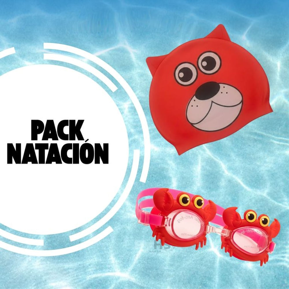 Pack Duo Gorro Rojo + Lentes de Natación Con Diseño de Cangrejo Para Niños Rojo