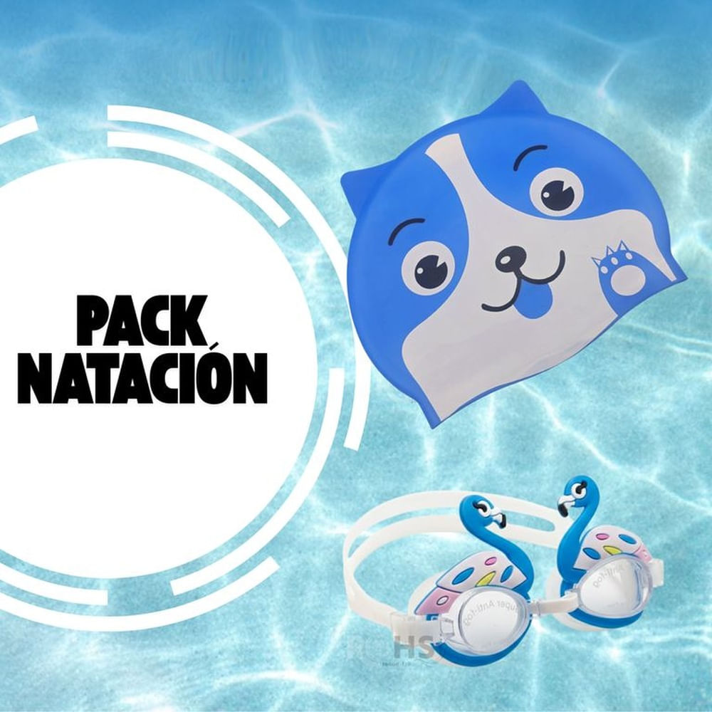 Pack Duo Gorro Azul + Lentes de Natación Con Diseño de Cisne Para Niños Rosado