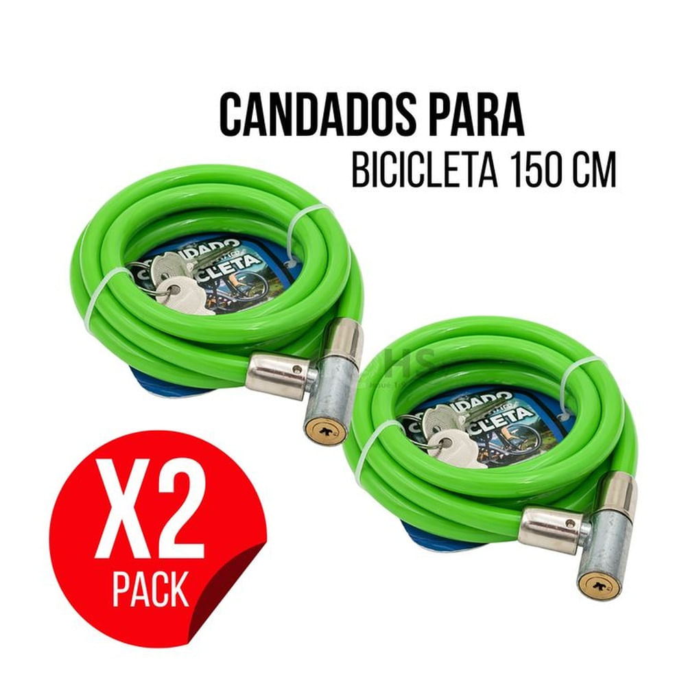 Pack X2 Candados Para Bicicleta Verde Tipo Cable 150 cm Con Llave Seguridad Antirrobo Verde