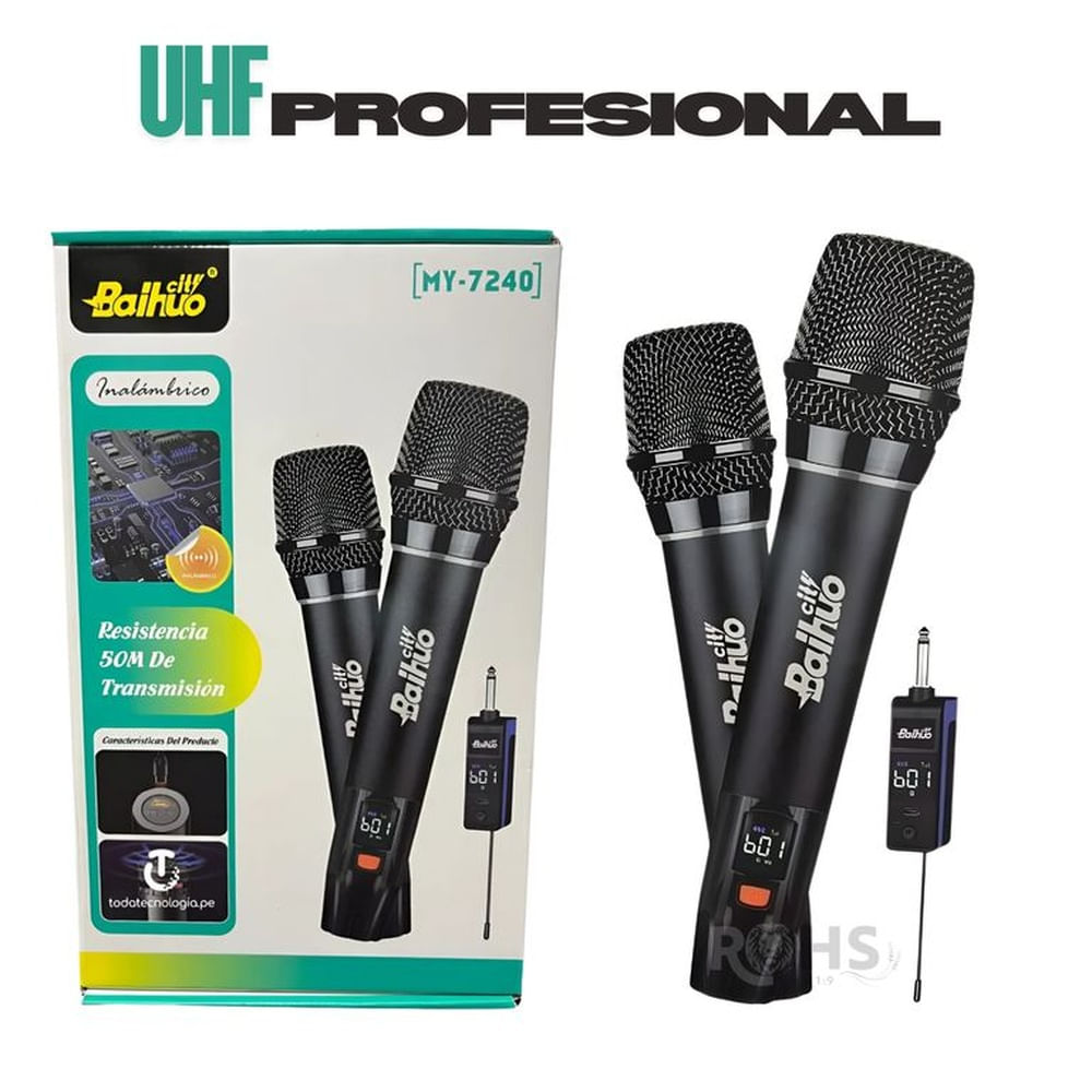 Kit de Micrófonos inalámbricos UHF profesionales Baihuo MY-7240 con DSP antruido, alcance 50 m