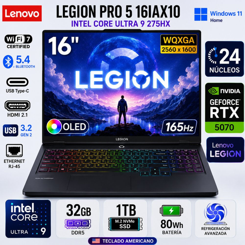 Laptop Lenovo Legion Pro 5i 16  OLED  Intel Core Ultra 9 275HX  RTX 5070 32GB RAM 1TB 83F3000HUS