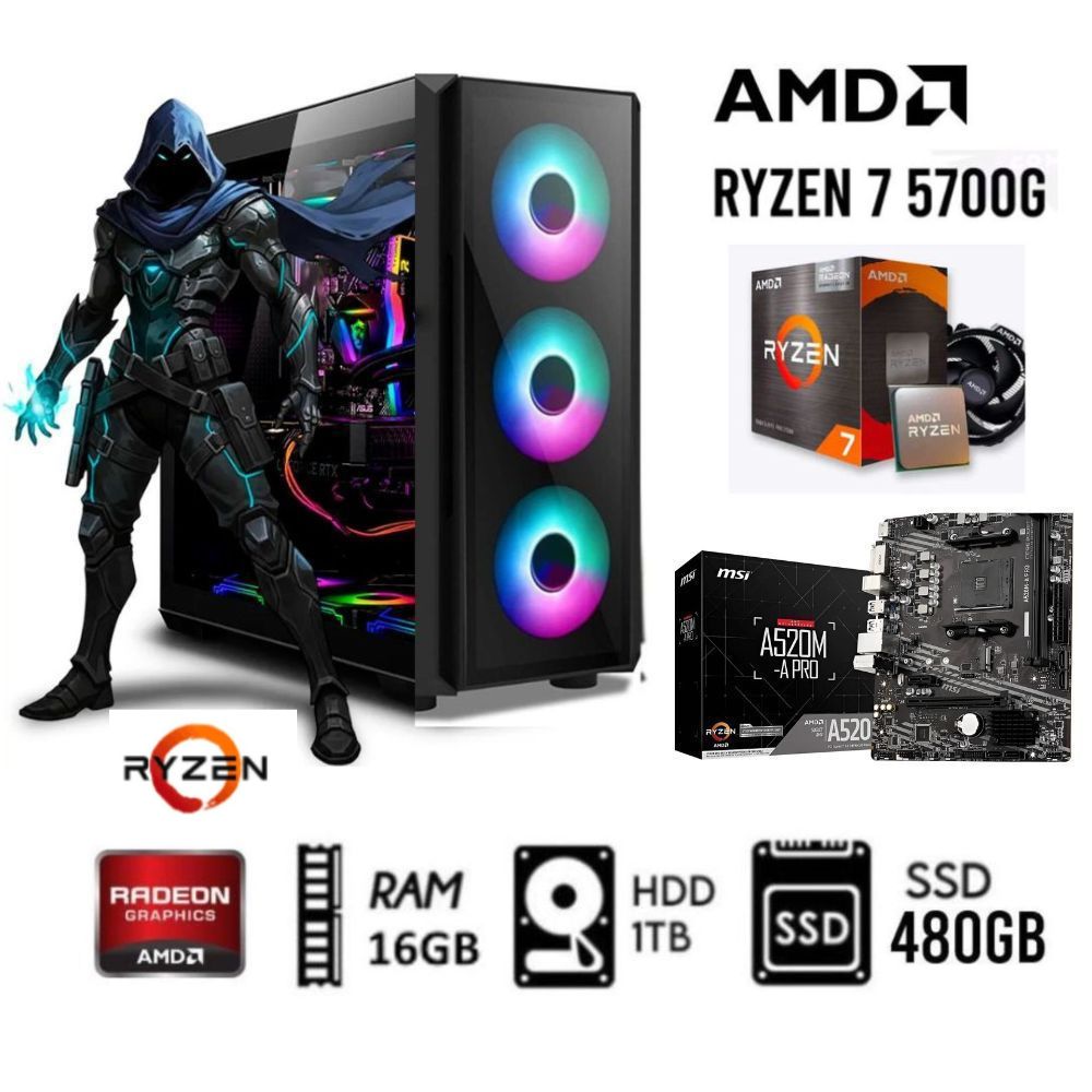 Computadora Pc RYZEN 7-5700G  Ram 16GB  Disco HDD 1TB  -SSD 480GB Case 500W