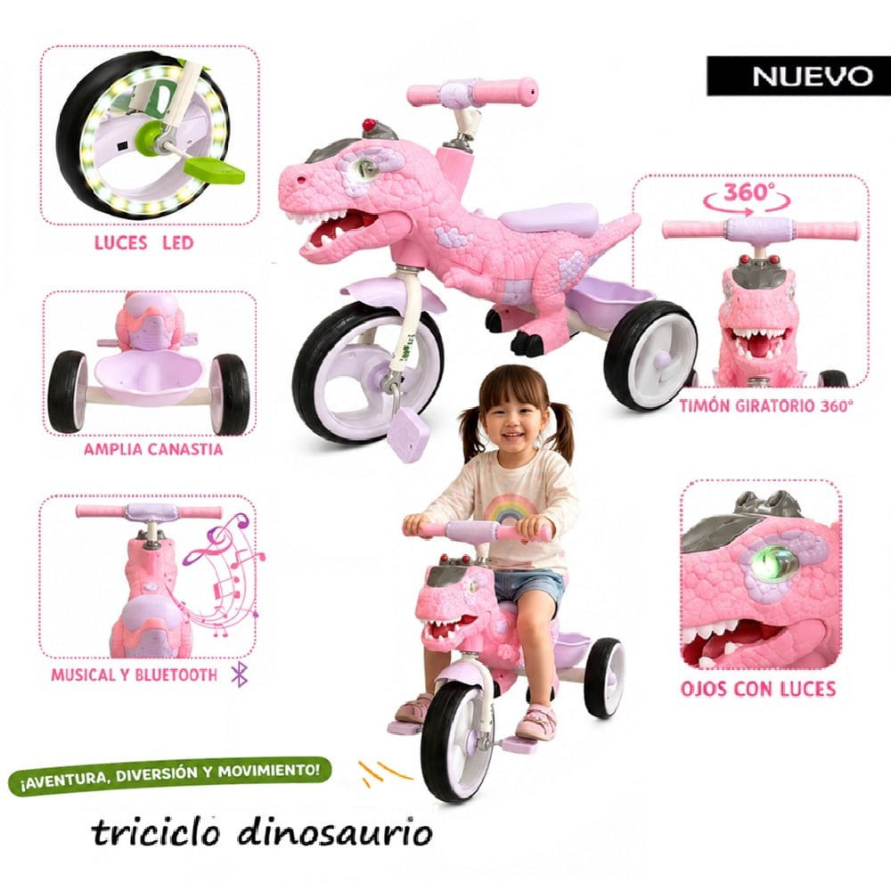 Nueva Aventura Triciclo Dino Rex Musical y Luces Voyage Rosado