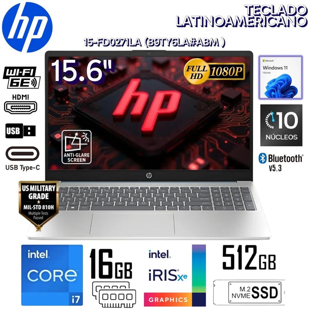 Laptop HP 15-FD0271LA Intel Core i7-1355U 16GB RAM 512GB SSD 15.6 FHD WIN 11