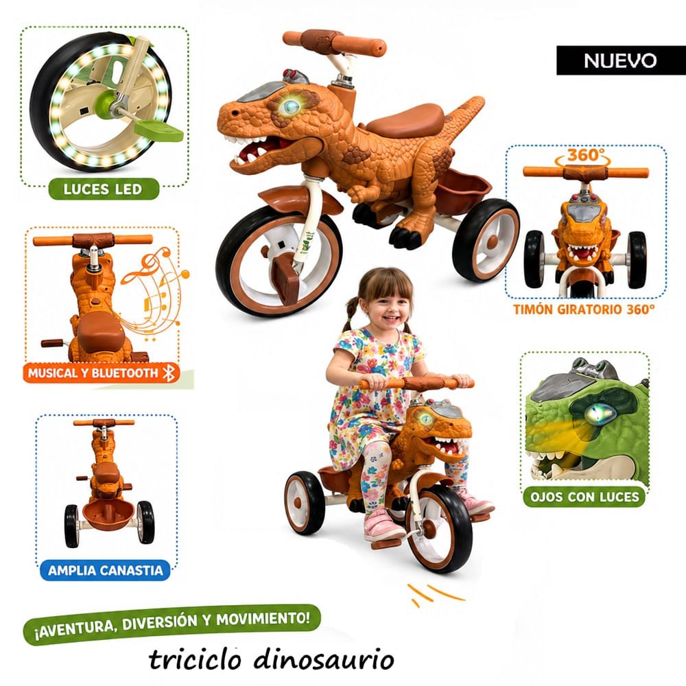 Nueva Aventura Triciclo Dino Rex Musical y Luces Voyage Marrón