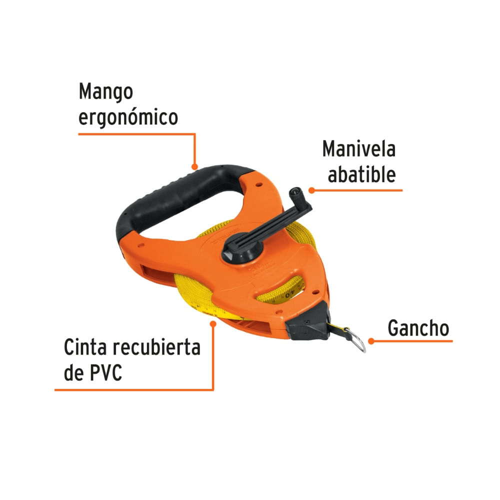 Cinta Metrica 30 M Fibra de Vidrio Tipo Cruceta para Construccion, Medicion Profesional TFC-30ME