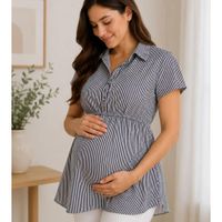 Blusa a rayas con cuello con pita atrás y botones de maternidad para embarazadas