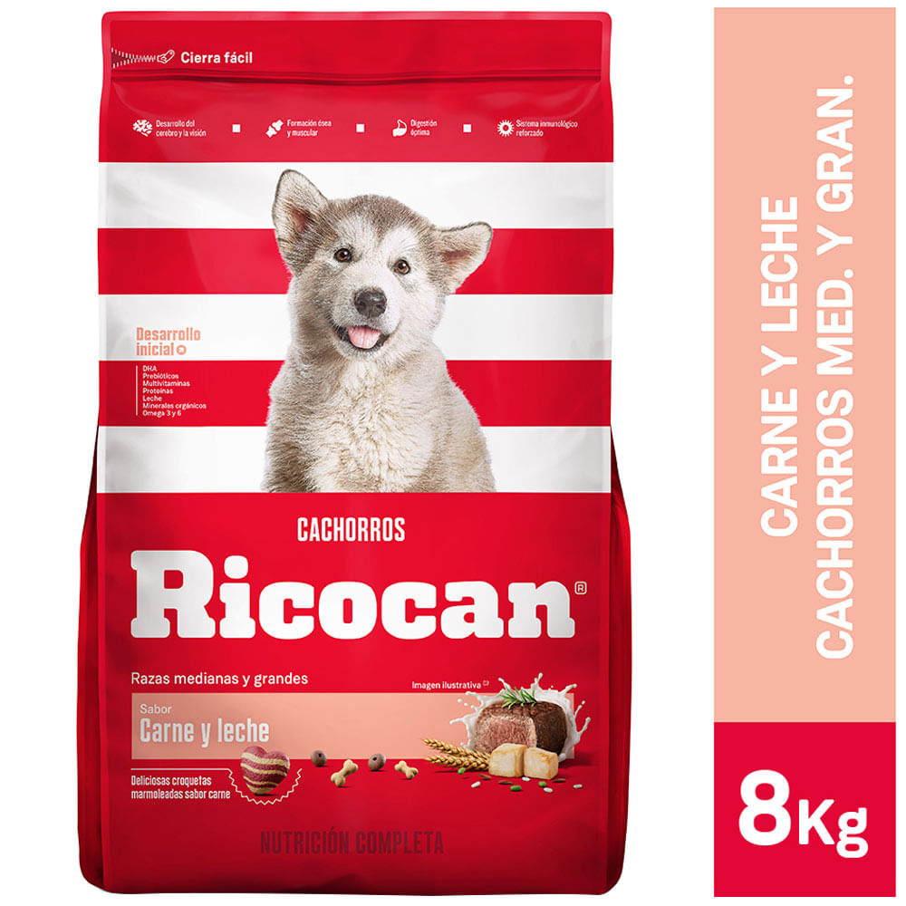 Alimento para Perro RICOCAN Cachorro Medianos y Grandes Sabor Carne y Leche Bolsa 8Kg