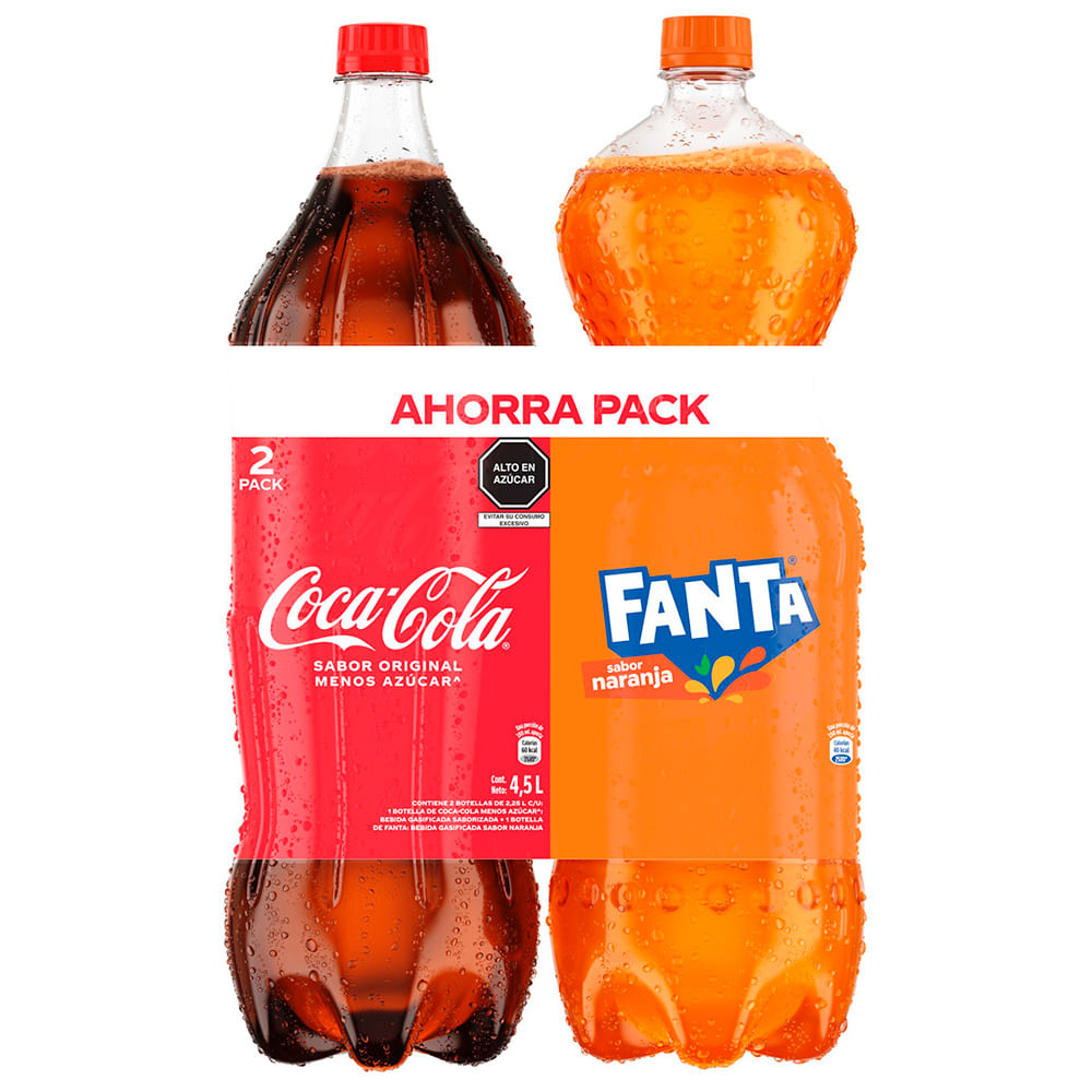 Pack Gaseosa COCA COLA Botella 2.25L + Gaseosa FANTA Naranja Botella 2.25L