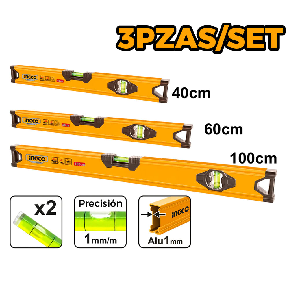 Set 3 Niveles de Aluminio Ingco 40CM 60CM 100CM HSL10403