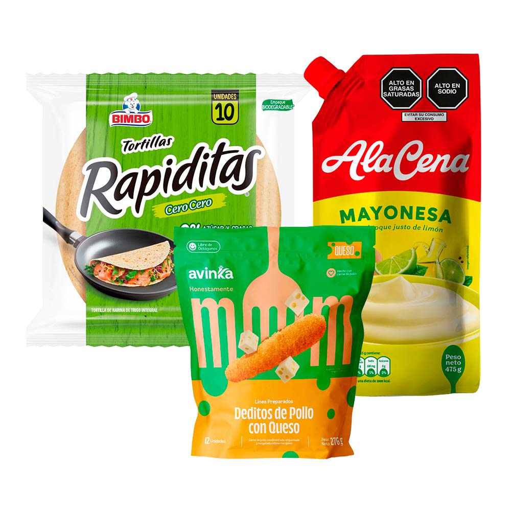 Pack Dedos de Pollo AVINKA con Queso Bolsa 12un + Mayonesa ALACENA Doypack 475g + Tortillas BIMBO Rapiditas Cero Cero Bolsa 10un