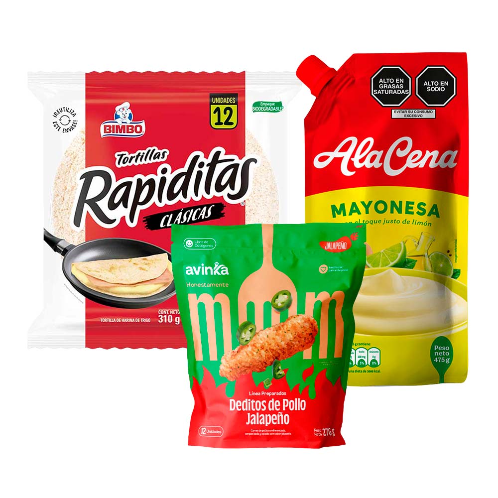 Pack Dedos de Pollo AVINKA Jalapeño Bolsa 12un + Mayonesa ALACENA Doypack 475g + Tortillas BIMBO Rapiditas Clásicas Bolsa 12un