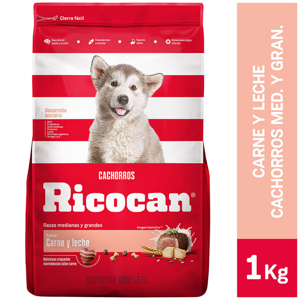 Alimento para Perro RICOCAN Cachorro Medianos y Grandes Sabor Carne y Leche Bolsa 1Kg