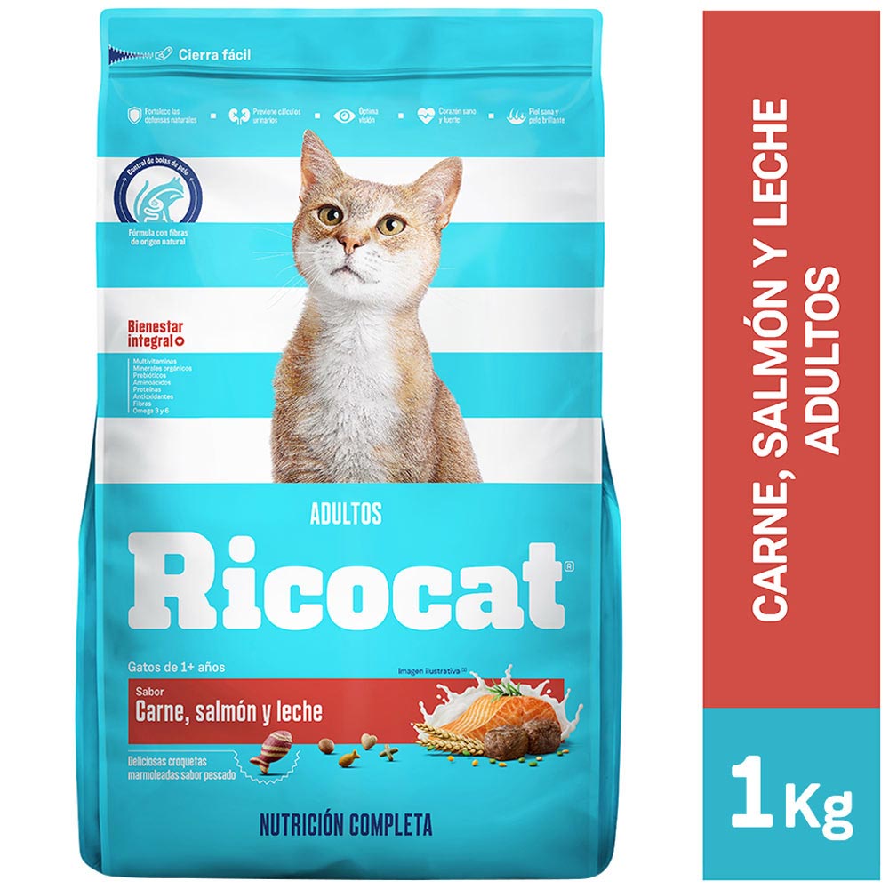 Ricocat Alimento para Gatos Adultos Carne, Salmón y Leche Bolsa 1 Kg