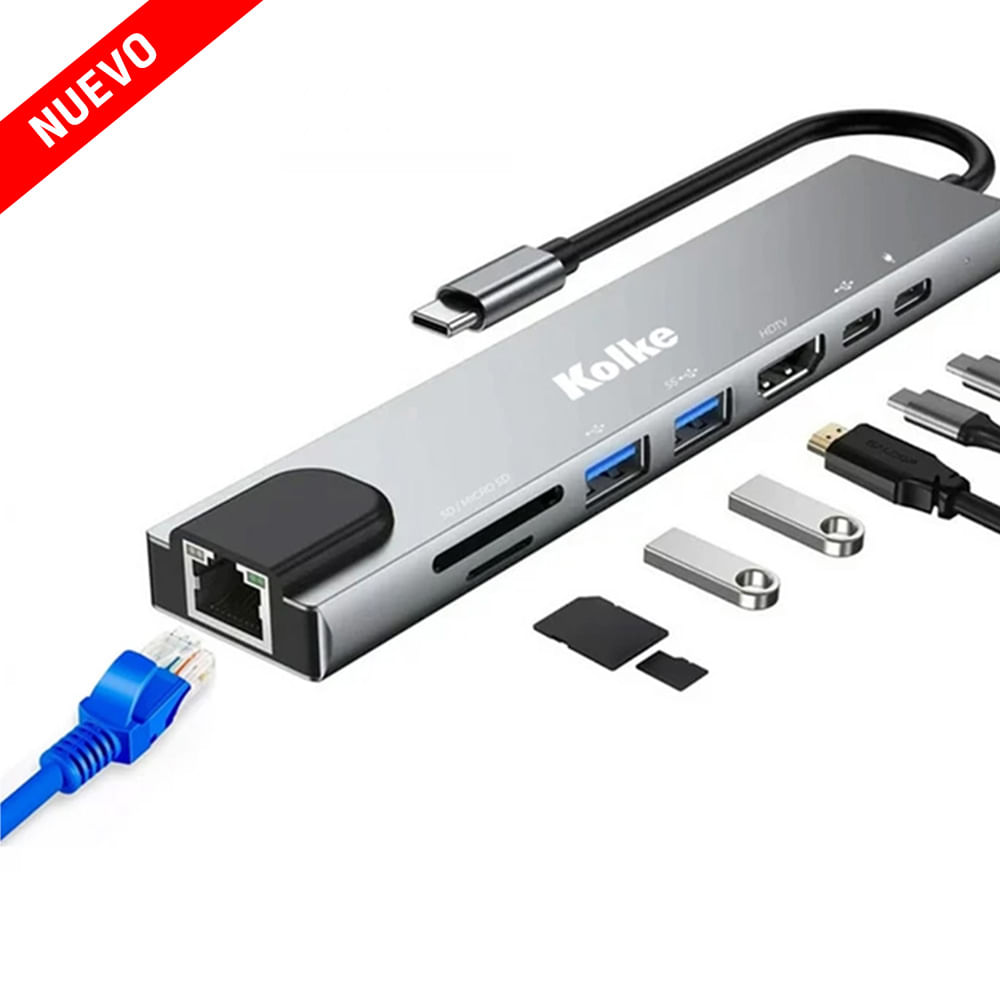 HUB USB-C KOLKE 8 en 1 con puertos USB 3.0 Tipo C SD Micro SD HDMI TF y RJ45