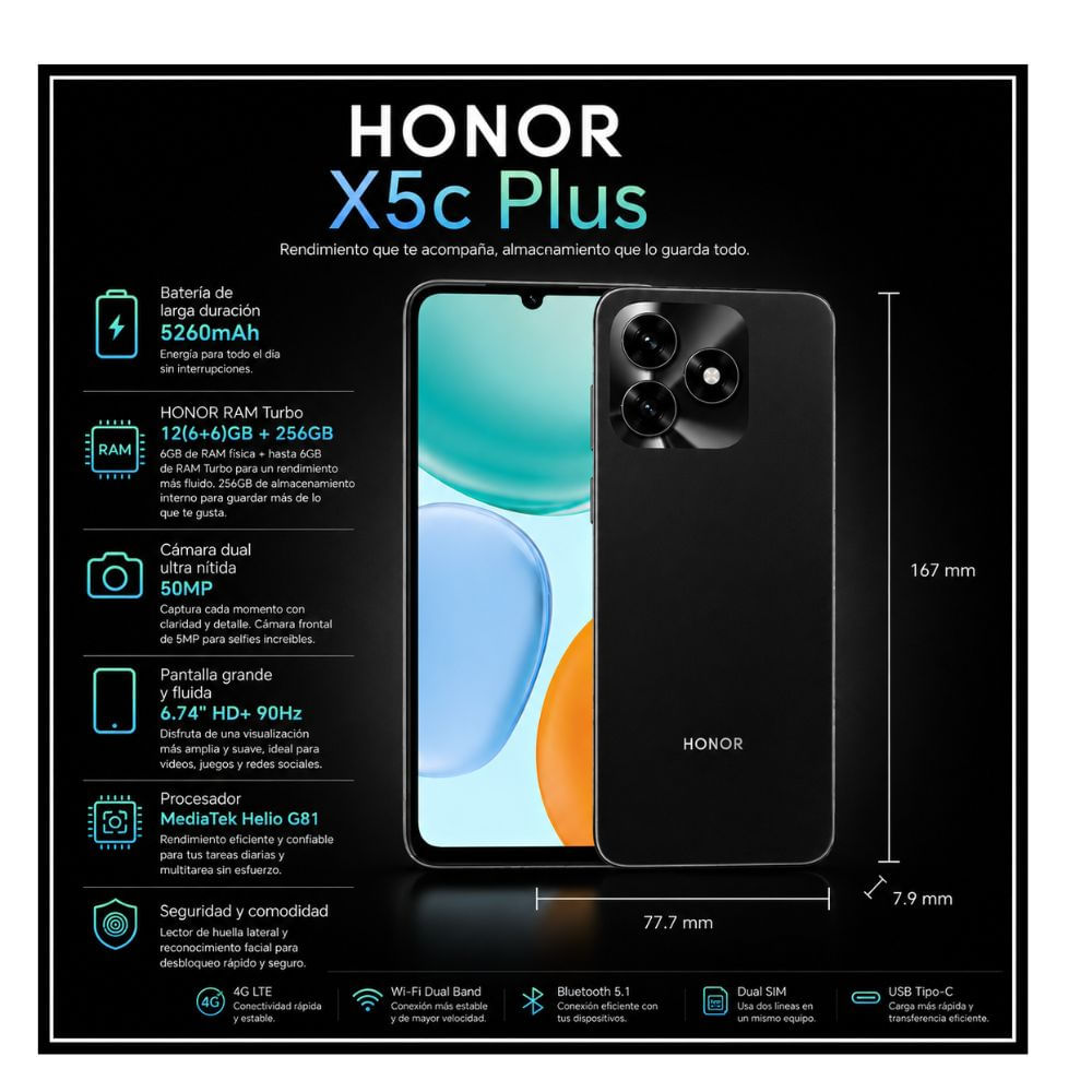 Celular Honor X5c Plus 6GB   256GB NEGRO