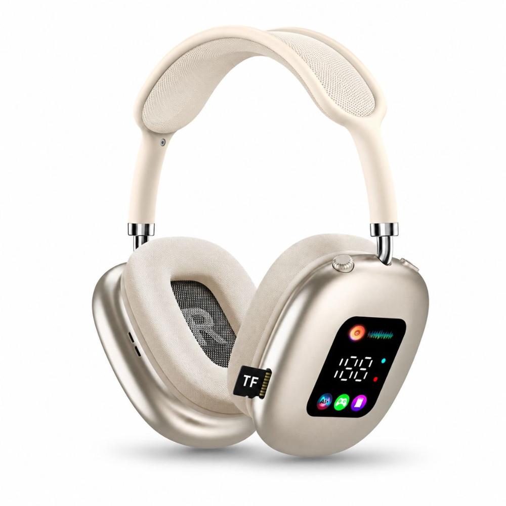 Audífonos Inalámbricos Bluetooth AKZ Max500 Pantalla Digital Vincha Ajustable - Crema