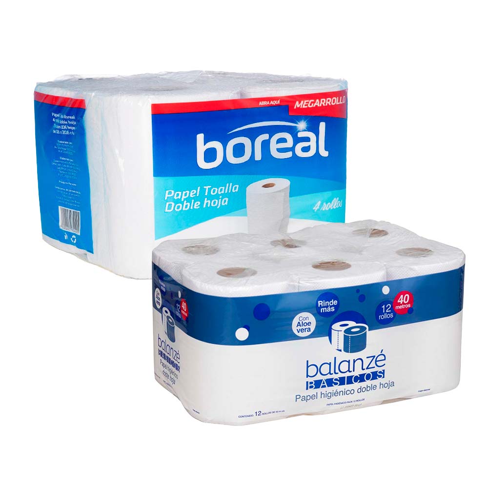 Pack Papel Higiénico Doble Hoja BALANZÉ BASICOS 40mts Paquete 12un + Papel Toalla BOREAL Megarollo Paquete 4un