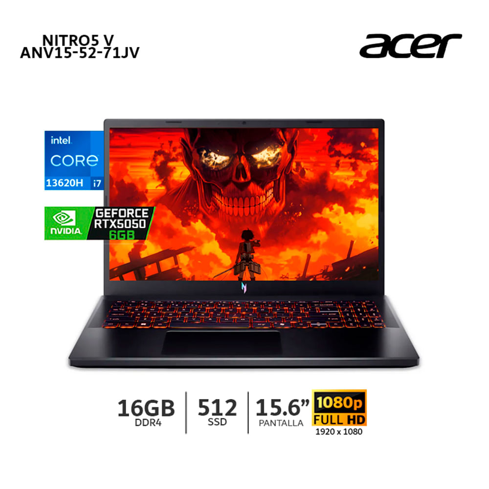 Laptop Acer Nitro5 V ANV15 52 71JV Ci7 13620h 16Gb Ram 512Gb SSD 15.6 FHD RTX 5050 6Gb NHQZ7AL001
