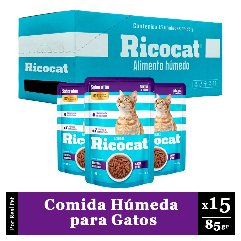 Pack Caja x15 Comida Húmeda Gato Ricocat Filetito Atún 85gr