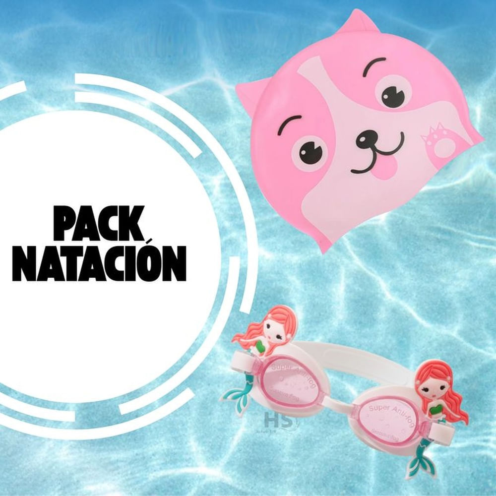 Pack Gorro + Lentes de Natación Con Diseño de Sirena Para Niñas Rosado