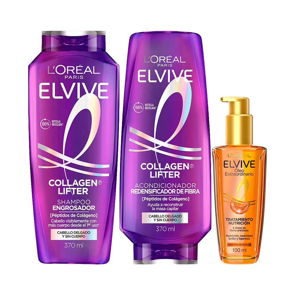 Pack ELVIVE: Shampoo Colágeno Lifter 370ml + Acondicionador Colágeno Lifter 370ml + Aceite Óleo Extraordinario 100ml