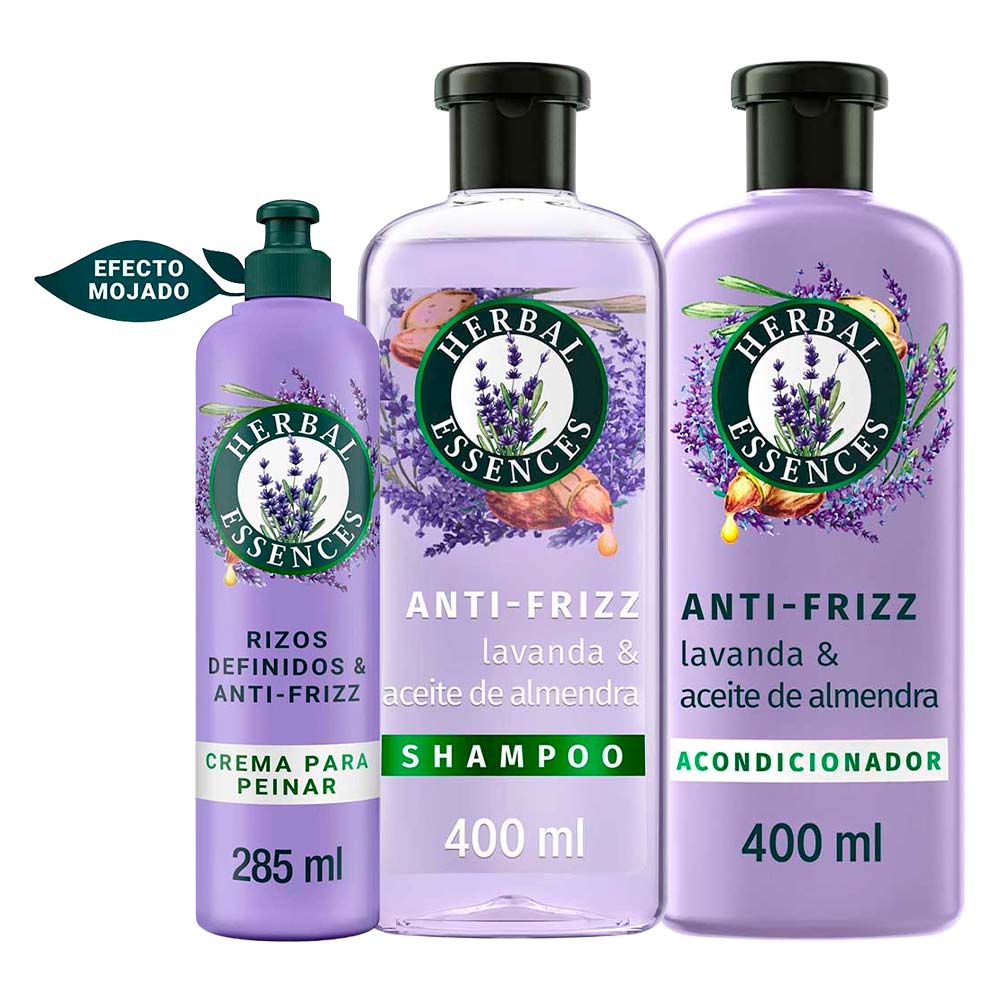 Pack HERBAL ESSENCES Anti-Frizz: Shampoo 400ml + Acondicionador 400ml + Crema para Peinar Rizos Definidos 285ml