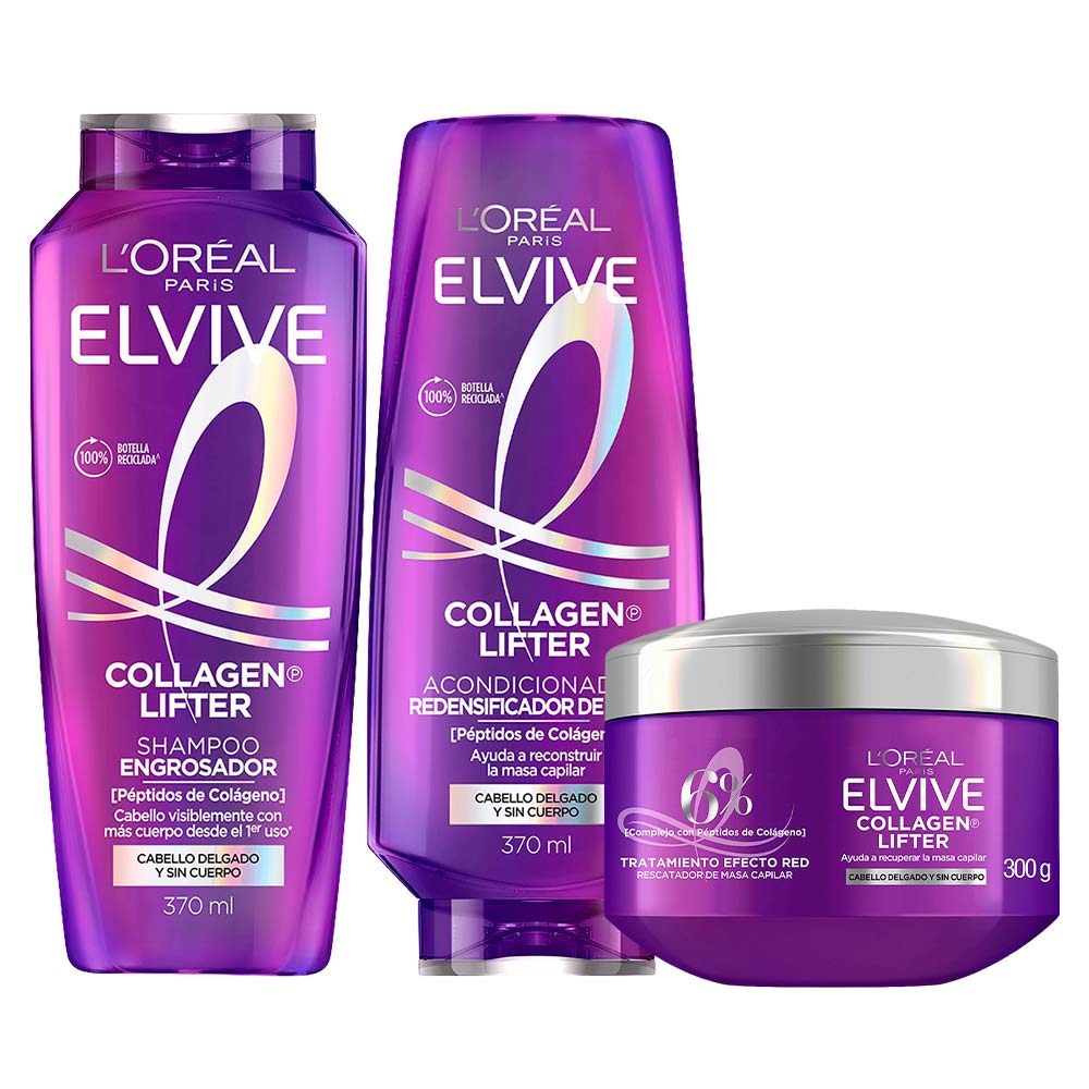 Pack ELVIVE: Shampoo Colágeno Lifter 370ml + Acondicionador Colágeno Lifter 370ml + Crema de Tratamiento Colágeno Lifter 300g