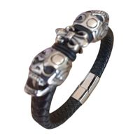 Pulsera Calavera Trenzada De Cuero Genuino Y Acero Inoxidable