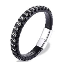 Pulsera de doble cadena cuero genuino trenzado para hombre color negro