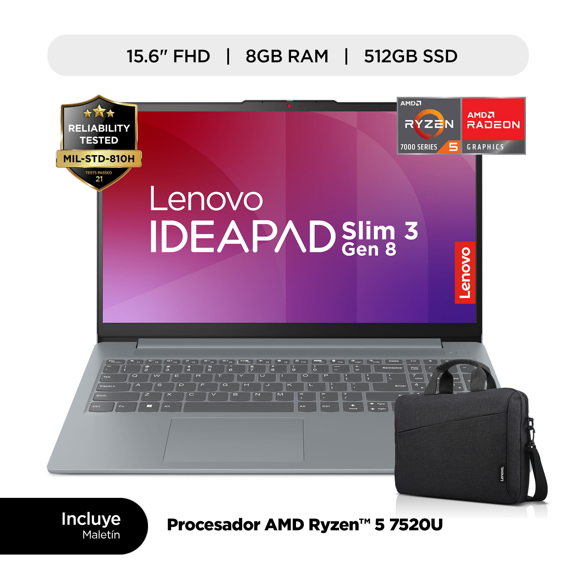 Notebook LENOVO Slim 3 15.6"" AMD Ryzen 5 8GB 512GB SSD + Maletín