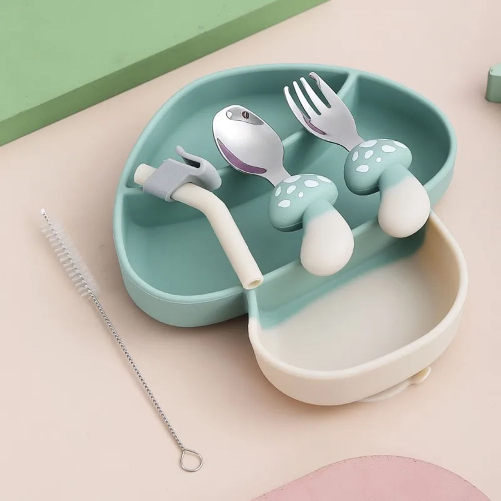 Plato infantil de silicona y cubiertos modelo Honguito