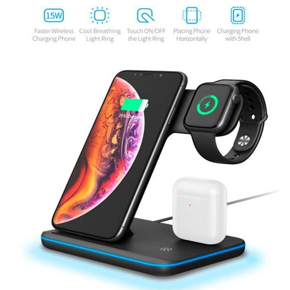 Cargador Inalambrico 3 en 1 Carga Rapida Airpods Iphone Android Negro
