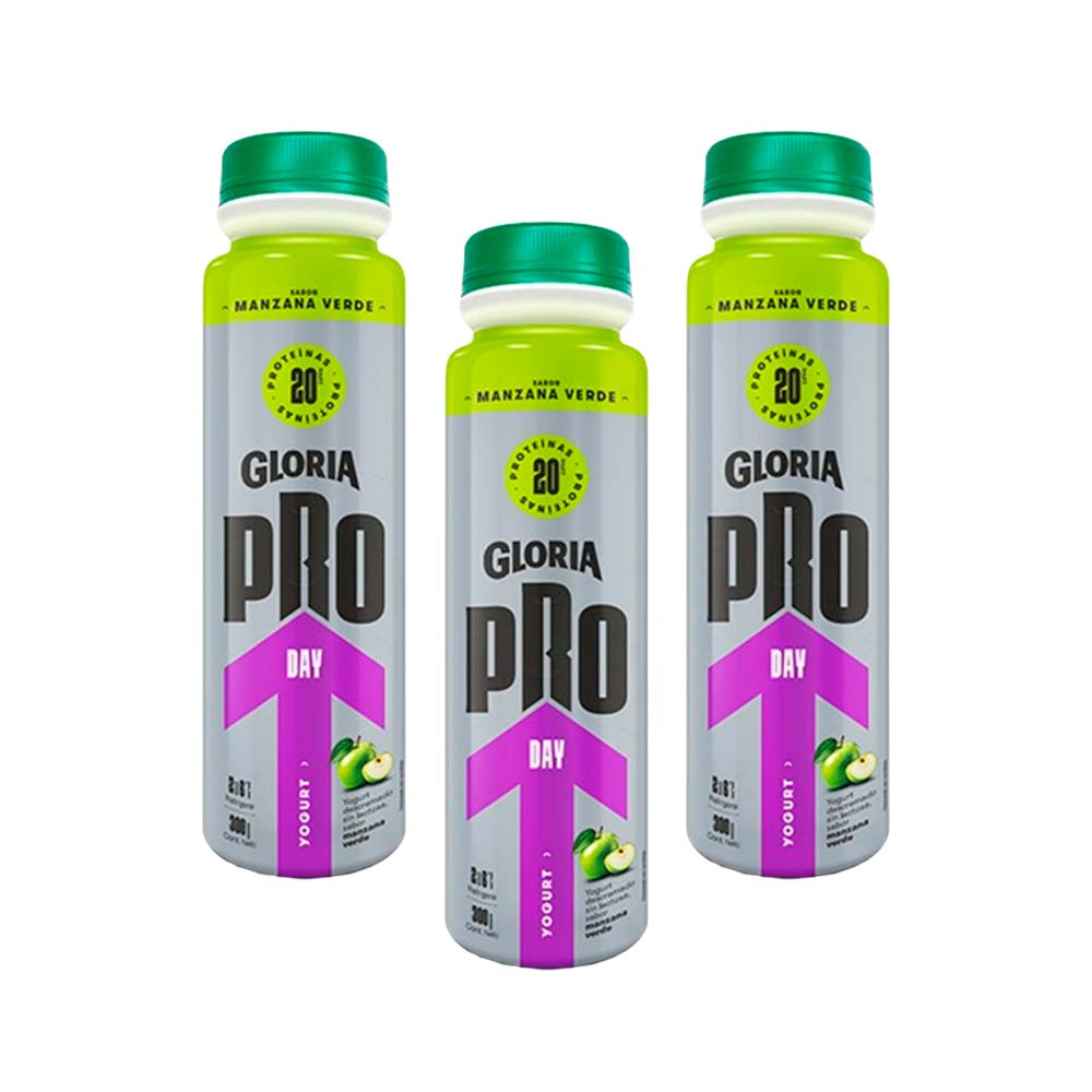 Pack Yogurt GLORIA Pro Day Sabor Manzana Verde Botella 300g x 3un