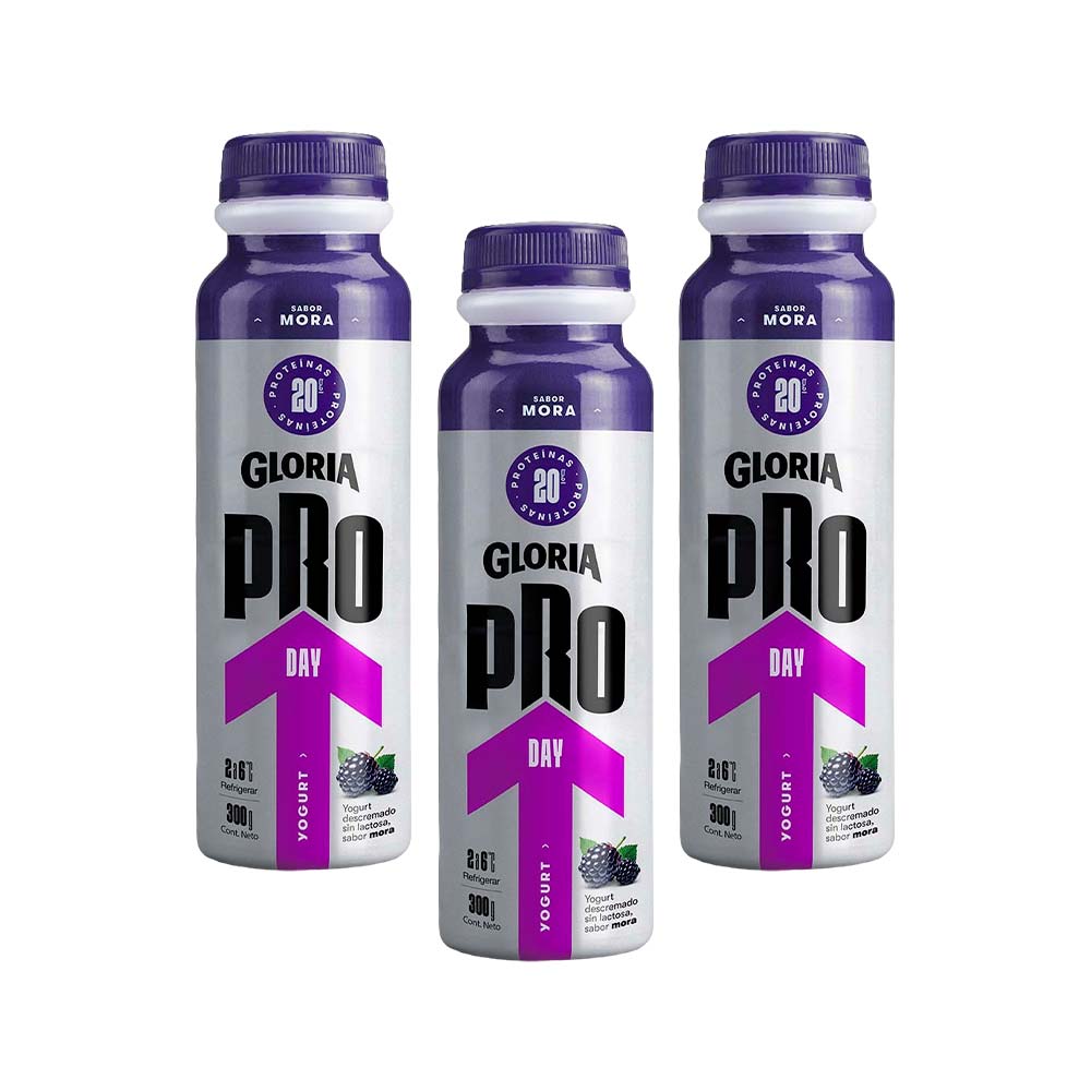 Pack Yogurt GLORIA Pro Day Sabor Mora Botella 300g x 3un