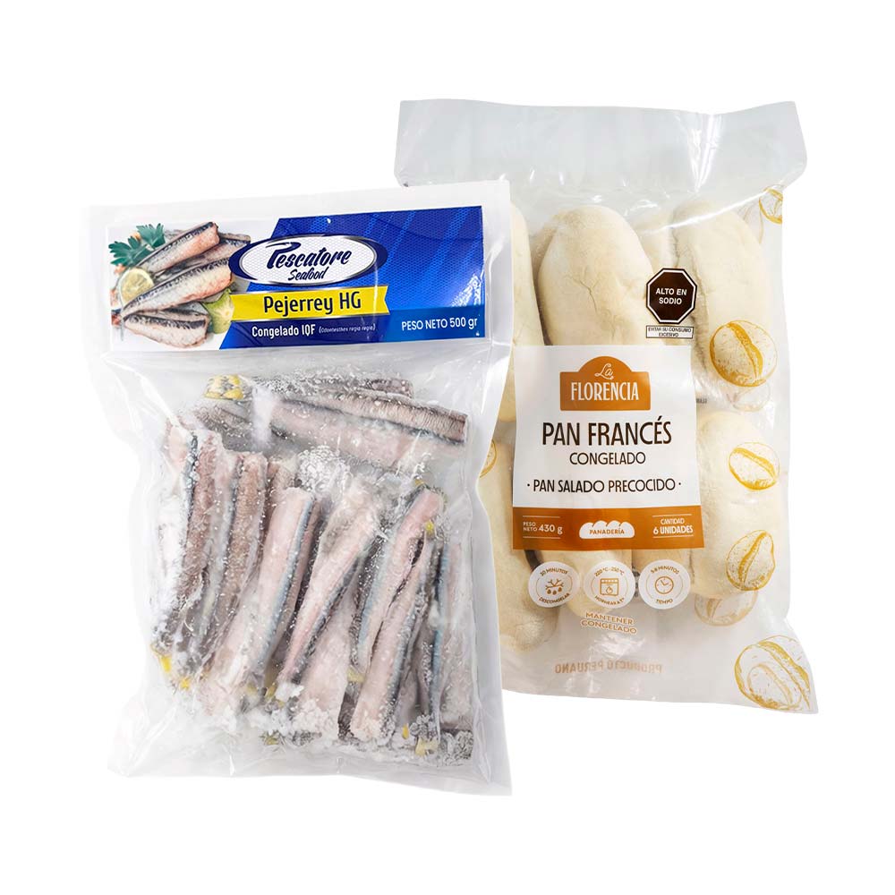 Pack Pejerrey Congelado PESCATORE Bolsa 500g + Pan Francés Congelado LA FLORENCIA Bolsa 6un