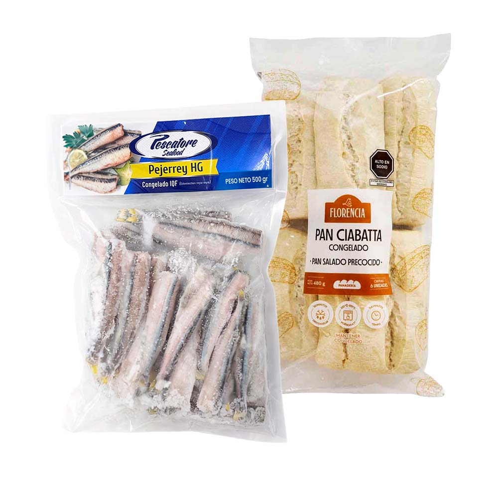 Pack Pejerrey Congelado PESCATORE Bolsa 500g + Pan Ciabatta Congelado LA FLORENCIA Bolsa 6un