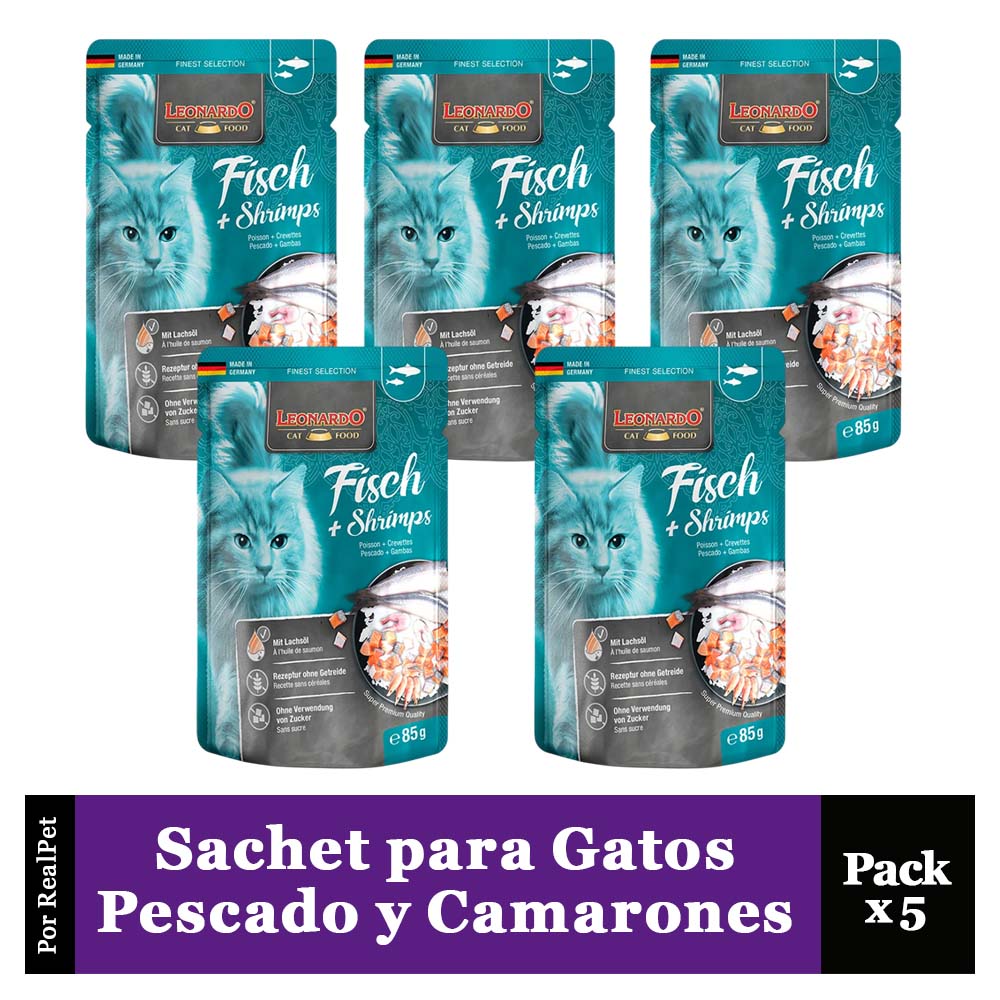 Pack x5 Sachet para Gato Leonardo Pescado y Camarones 85 gr