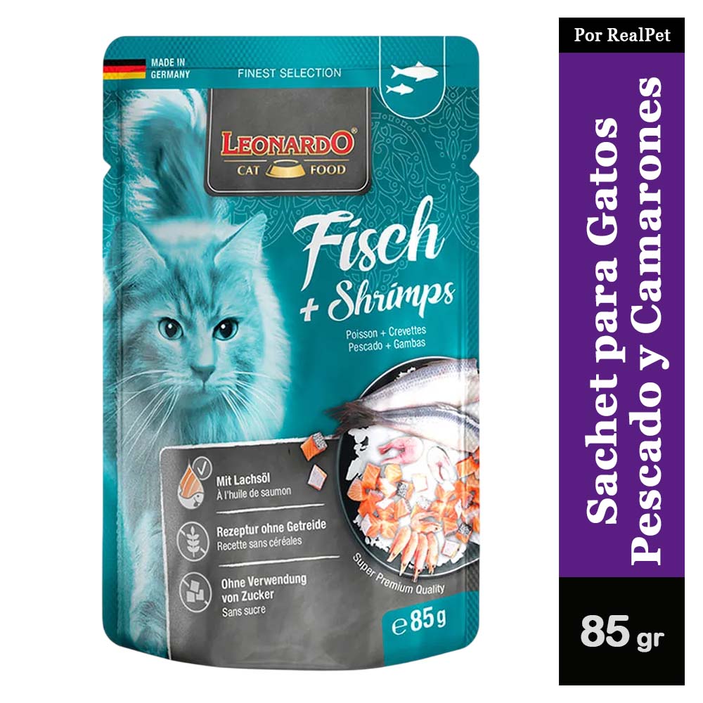 Sachet para Gato Leonardo sabor Pescado y Camarones 85 gr